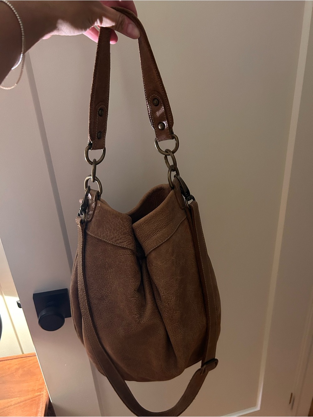 Roots Tan Brown Leather Crossbody Hobo Bag